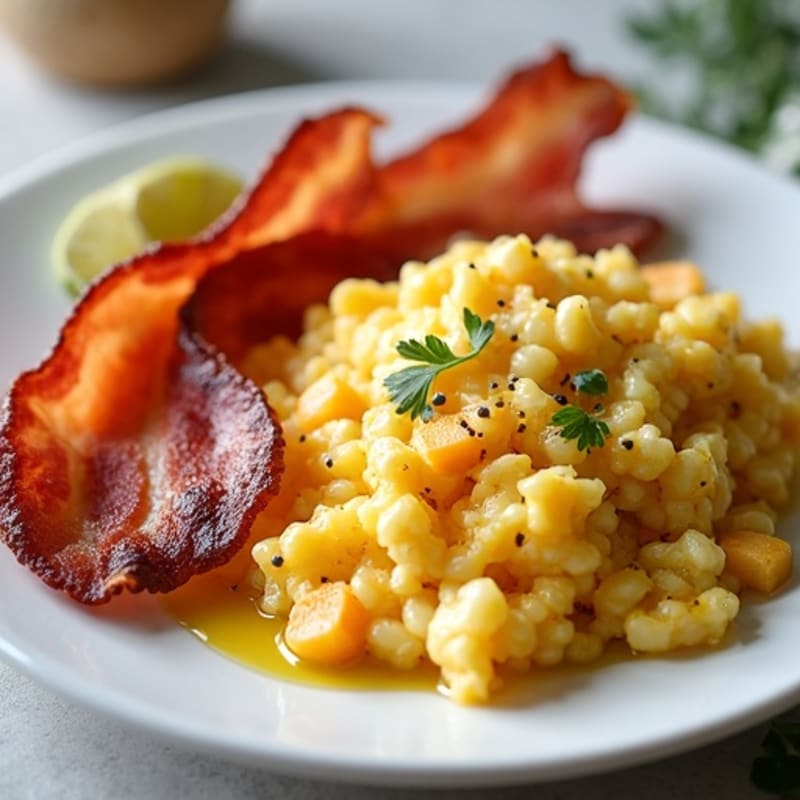 Crispy Turkey Bacon and Egg White Scramble with Roasted Sweet Potatoes