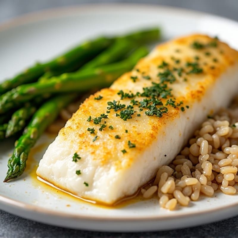 Lemon Herb Baked Cod with Steamed Asparagus and Brown Rice