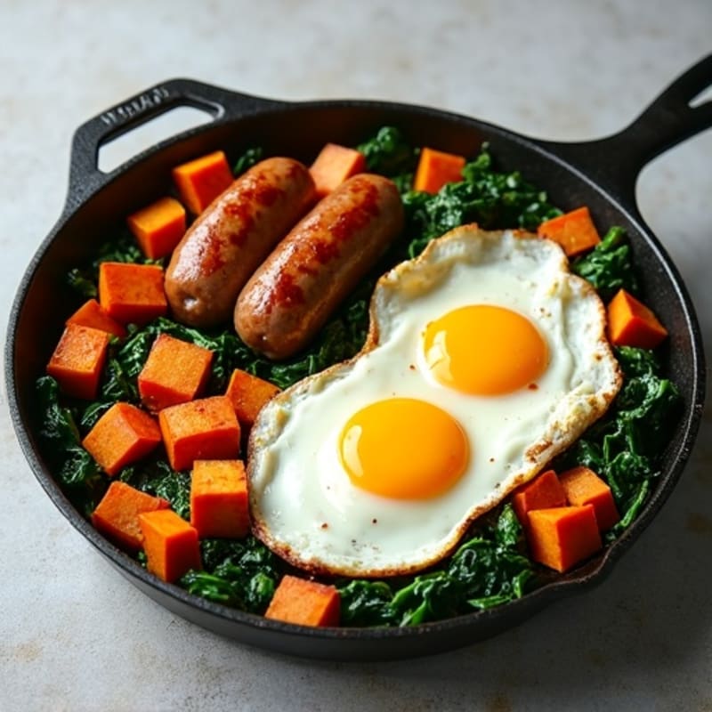 Lean Turkey Sausage and Crispy Sweet Potato Skillet with Eggs