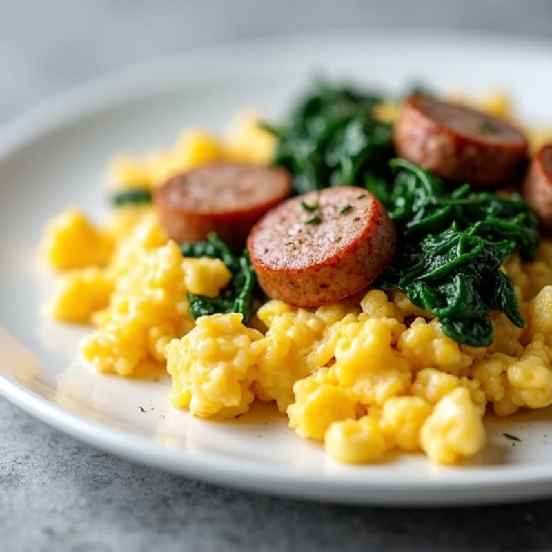 Egg White Scramble with Turkey Sausage and Sautéed Spinach