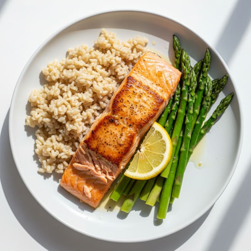 Seared Salmon with Steamed Asparagus and Brown Rice