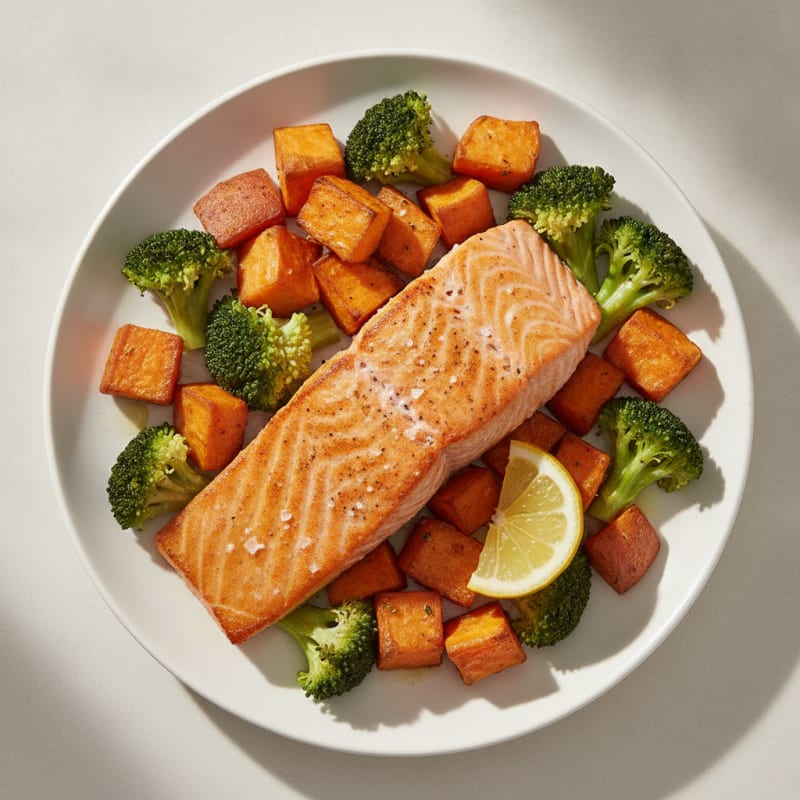 Seared Salmon with Roasted Sweet Potato and Steamed Broccoli