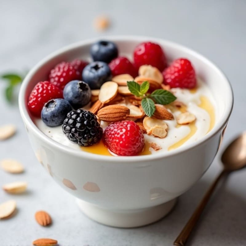 Silky Protein Yogurt Bowl with Mixed Berries and Almonds