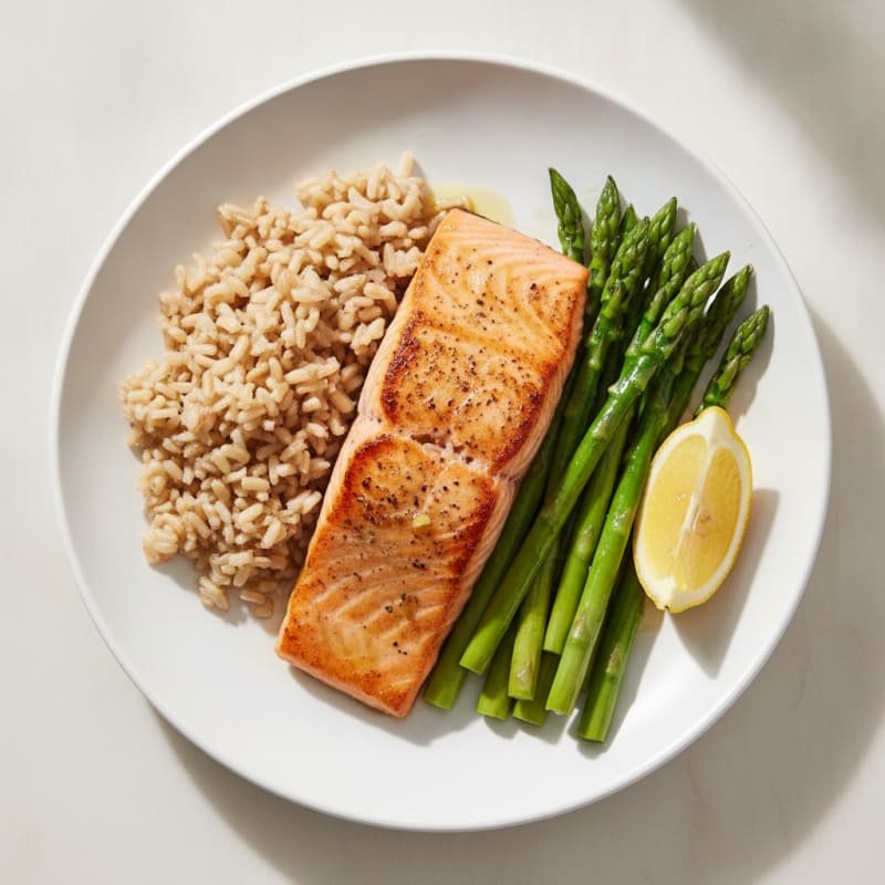 Seared Salmon with Steamed Asparagus and Brown Rice