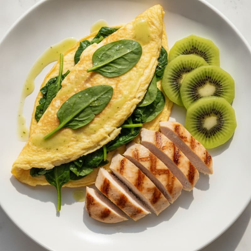 Egg White Spinach Omelette with Grilled Chicken and Kiwi Slices