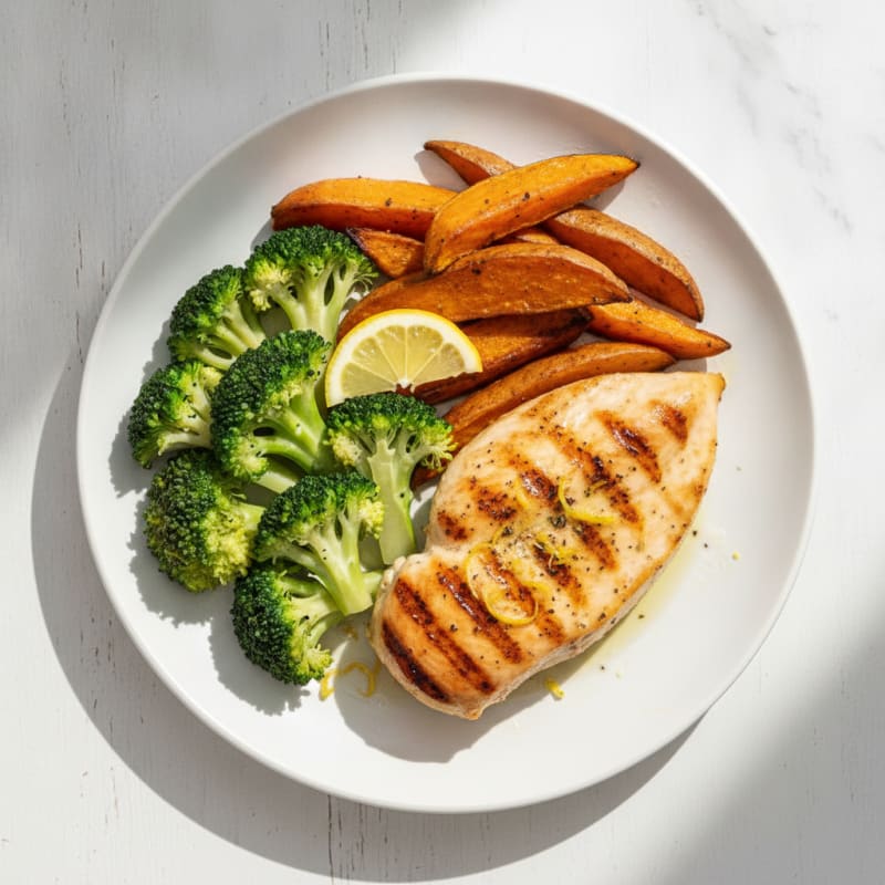 Grilled Chicken Breast with Roasted Sweet Potato and Steamed Broccoli