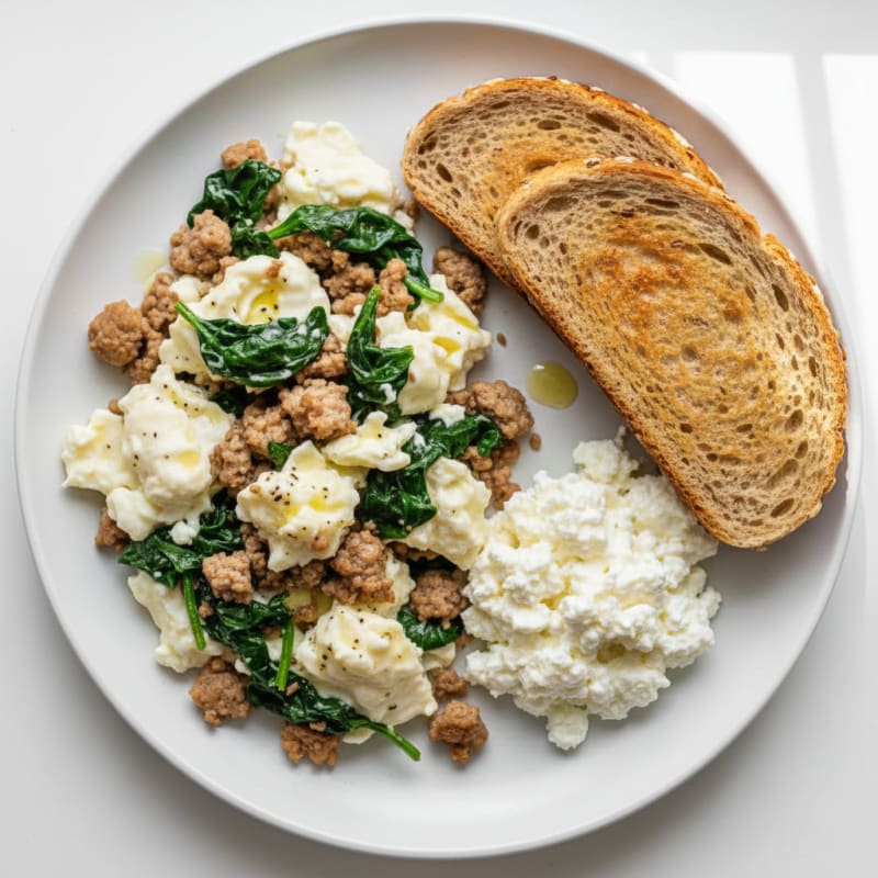 Egg White and Turkey Spinach Scramble with Cottage Cheese