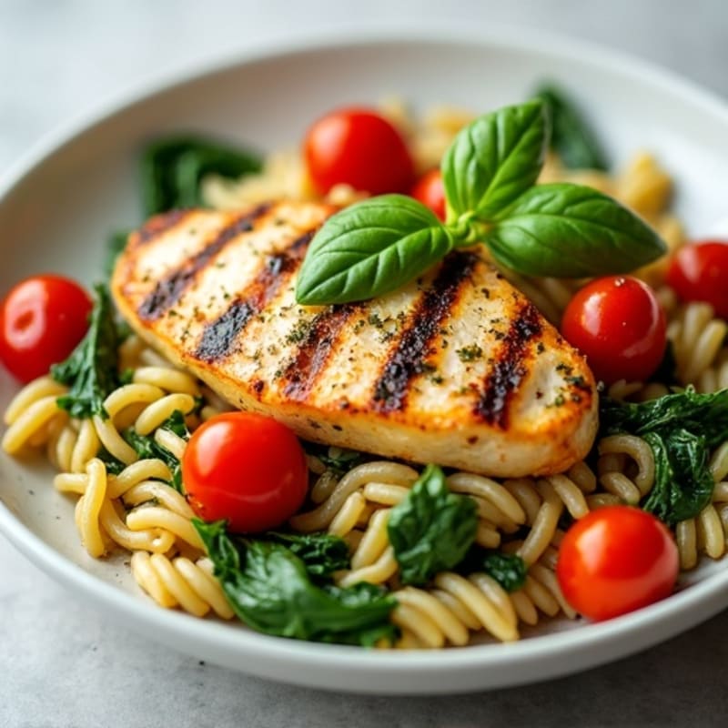 Chicken Pesto Whole Wheat Pasta with Roasted Cherry Tomatoes and Spinach