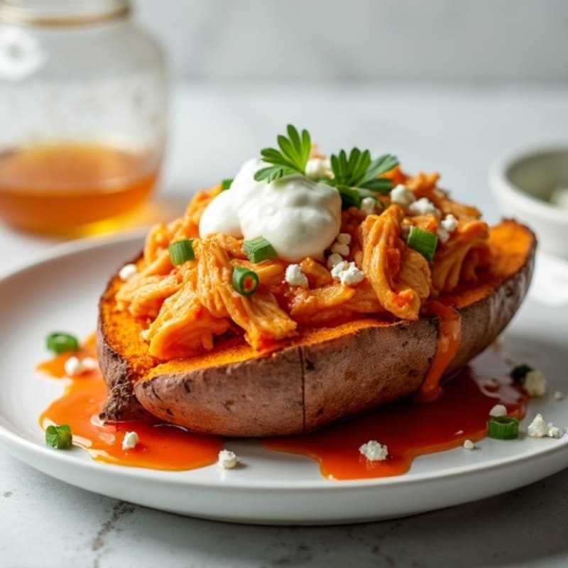 Shredded Buffalo Chicken Stuffed Sweet Potatoes