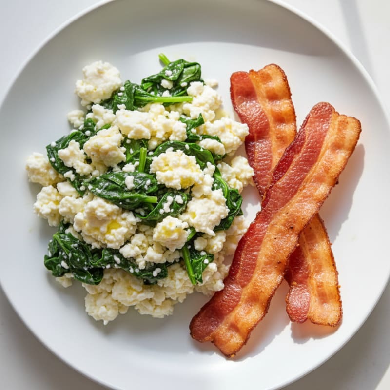 Cottage Cheese Egg White Scramble with Spinach and Turkey Bacon