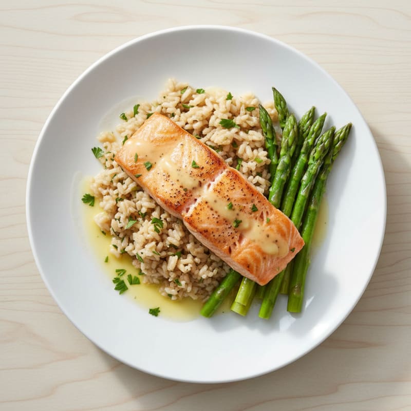 Seared Salmon Fillet with Herbed Brown Rice and Steamed Asparagus