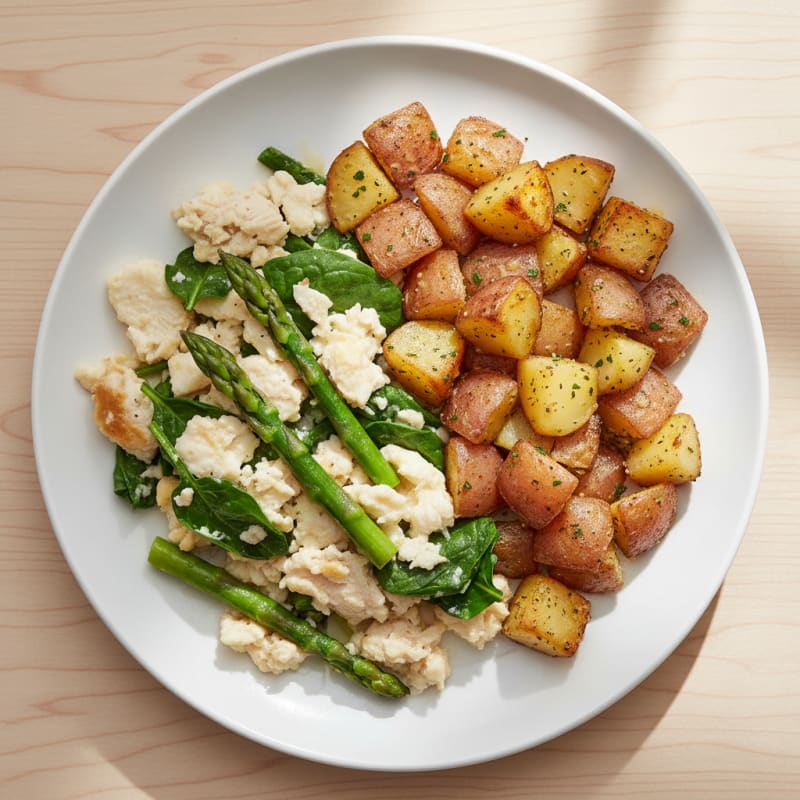 Egg White Scramble with Roasted Turkey, Spinach and Asparagus