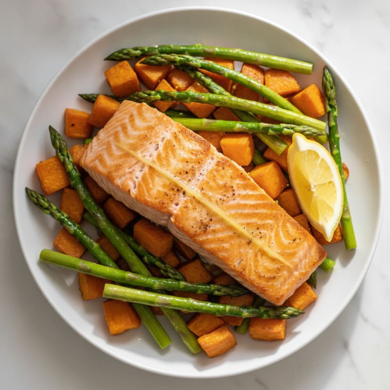 Seared Salmon with Roasted Sweet Potato and Asparagus