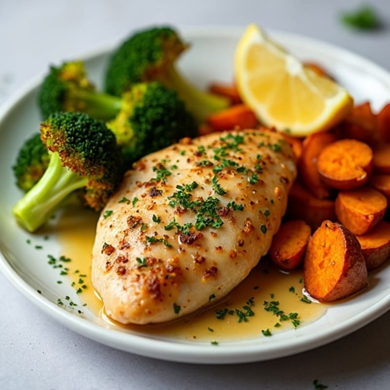 Sheet Pan Lemon Herb Roasted Chicken with Crispy Broccoli and Sweet Potatoes