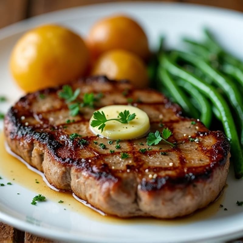 Pan-Seared Garlic Butter Steak with Roasted Potatoes and Green Beans