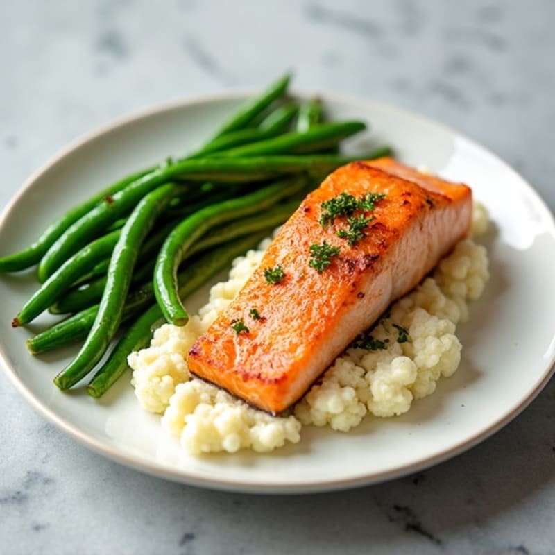 Seared Salmon with Steamed Green Beans and Garlic Mashed Cauliflower