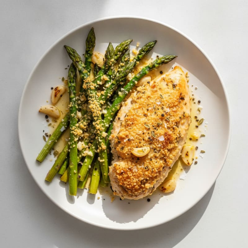 Roasted Garlic Parmesan Asparagus with Herb-Crusted Chicken