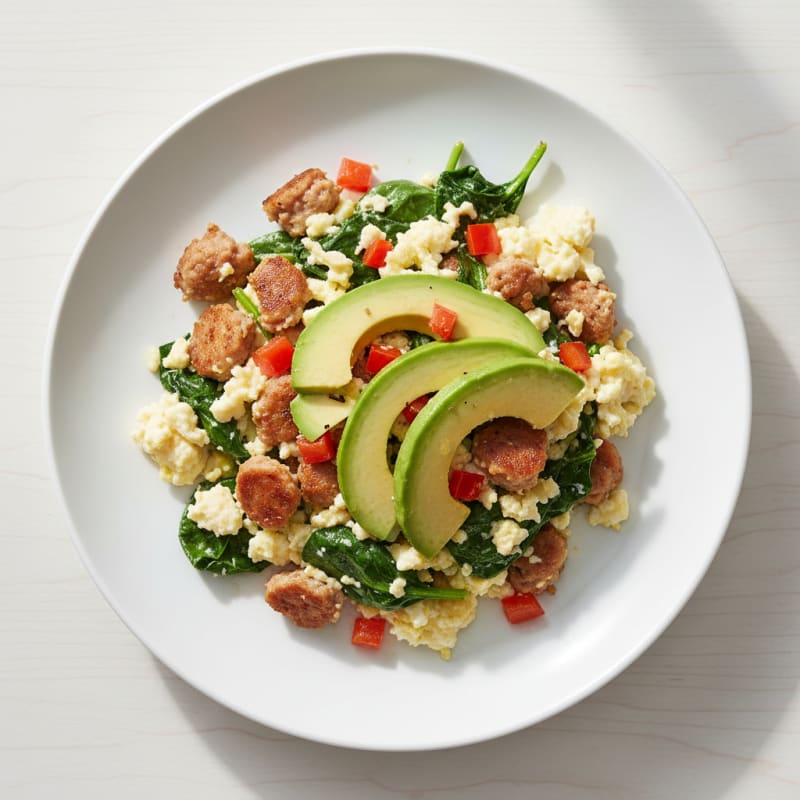 Egg White Scramble with Turkey Sausage and Sautéed Spinach