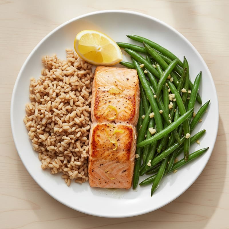 Seared Salmon with Garlic Green Beans and Brown Rice