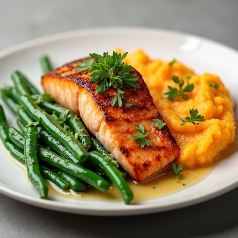 Seared Salmon with Garlic Green Beans and Mashed Sweet Potatoes