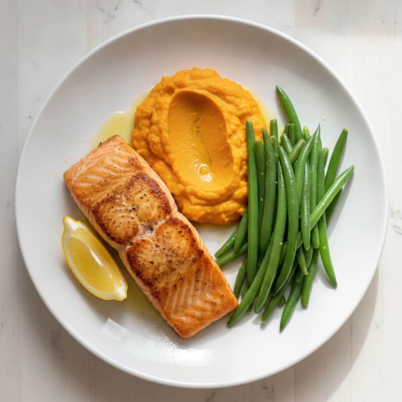 Seared Salmon with Steamed Green Beans and Sweet Potato Mash