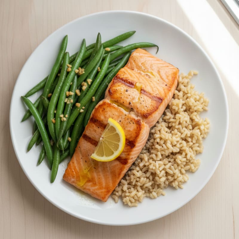 Seared Salmon Fillet with Garlic Green Beans and Brown Rice