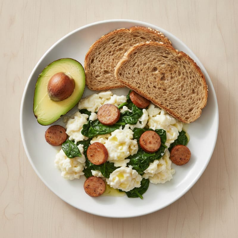 Egg White Scramble with Chicken Sausage and Sautéed Spinach