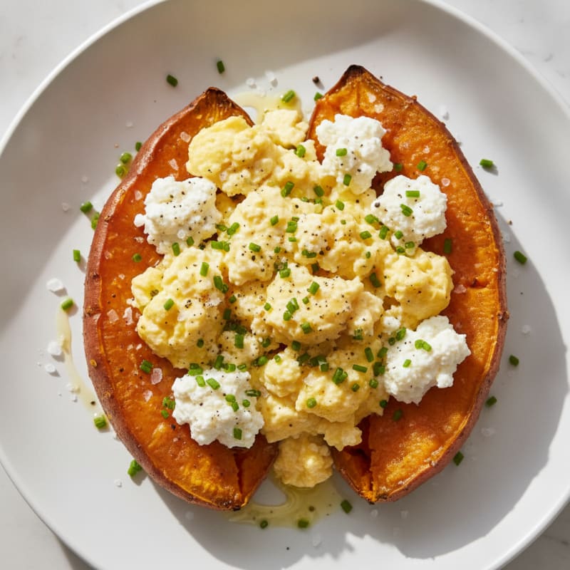 Baked Sweet Potato with Eggs and Cottage Cheese