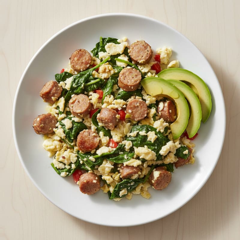 Egg White and Turkey Sausage Scramble with Sautéed Spinach