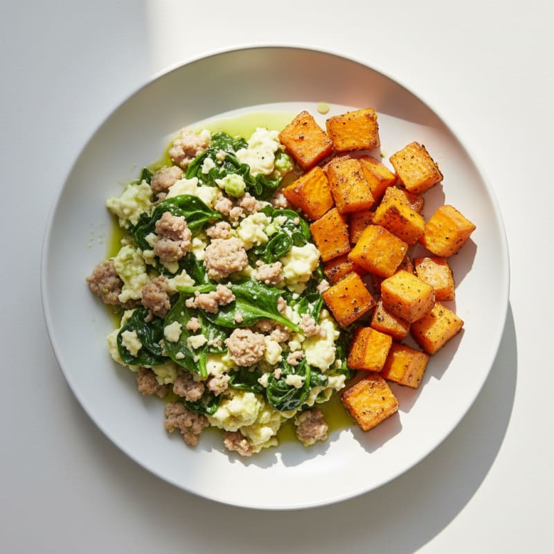 Egg White and Turkey Sausage Scramble with Spinach and Roasted Sweet Potato