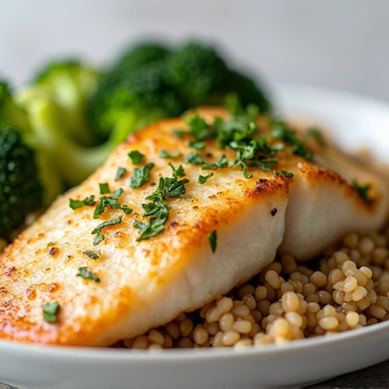 Seared Tilapia with Steamed Broccoli, Brown Rice, and Lemon
