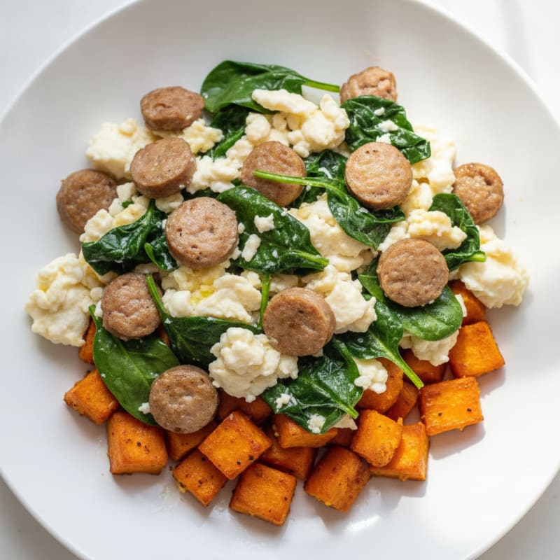 Egg White and Turkey Sausage Scramble with Spinach and Roasted Sweet Potato
