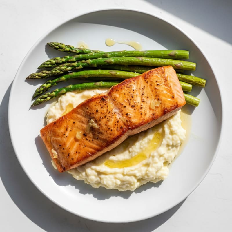 Seared Salmon with Asparagus and Garlic Mashed Cauliflower