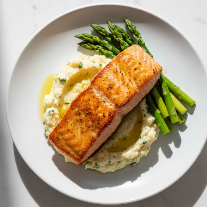 Seared Salmon with Steamed Asparagus and Garlic Mashed Cauliflower
