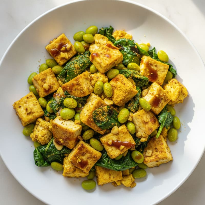 Silky Tofu Scramble with Edamame and Spinach