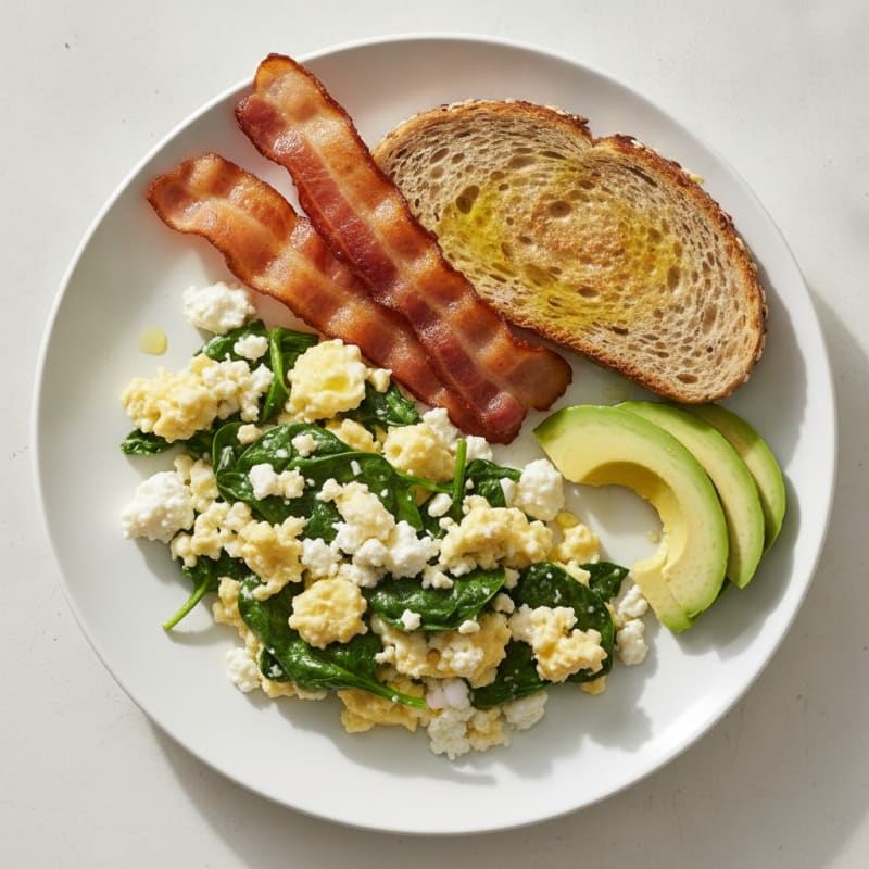 Cottage Cheese Scramble with Spinach and Turkey Bacon