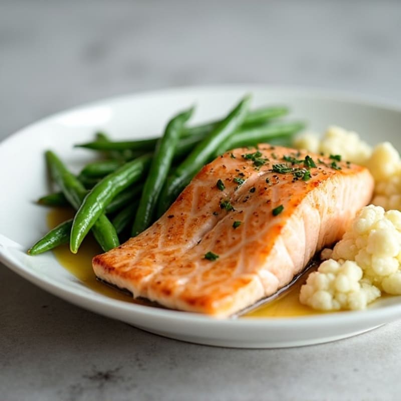 Seared Salmon Filet with Steamed Green Beans and Garlic Mashed Cauliflower