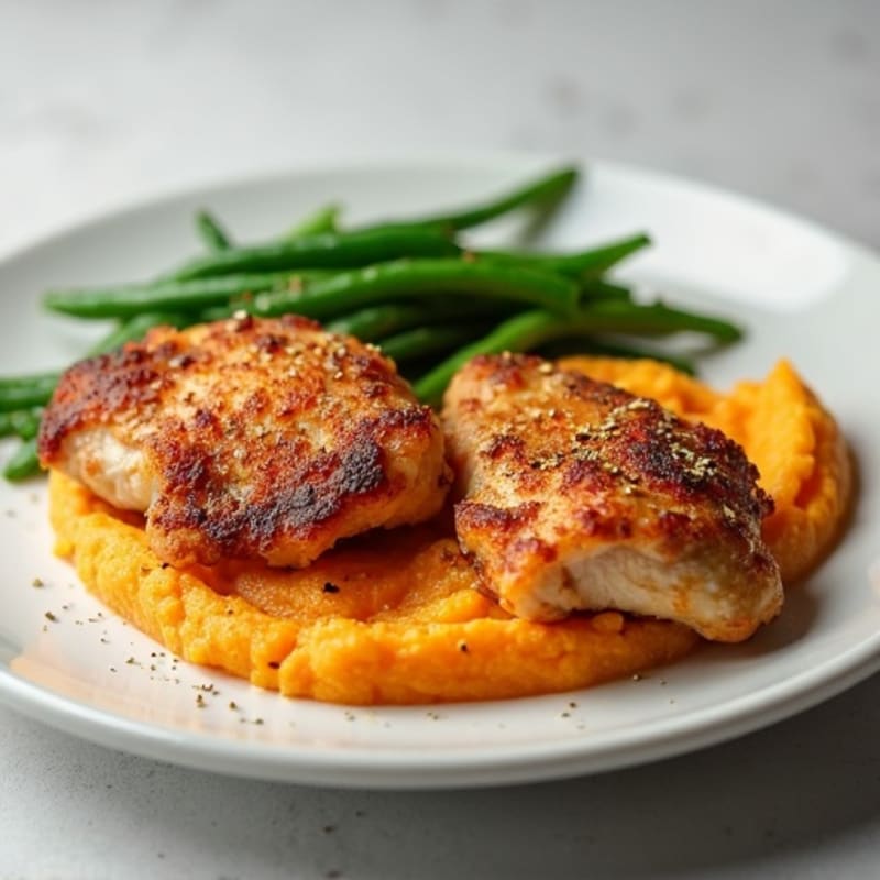 Crispy Baked Chicken Thighs with Creamy Mashed Sweet Potatoes and Sautéed Green Beans