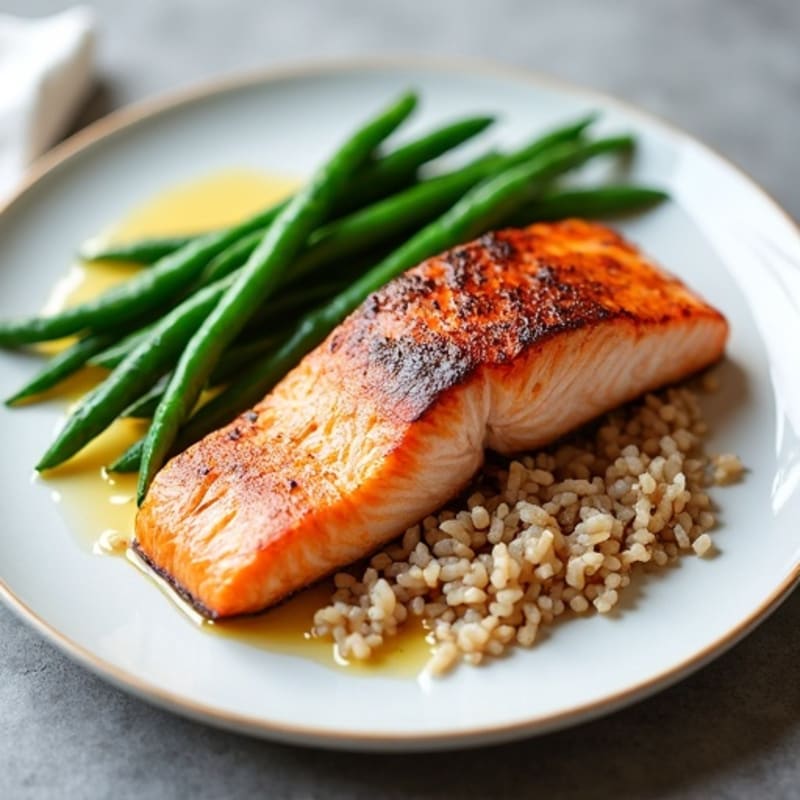 Seared Salmon with Steamed Green Beans and Brown Rice