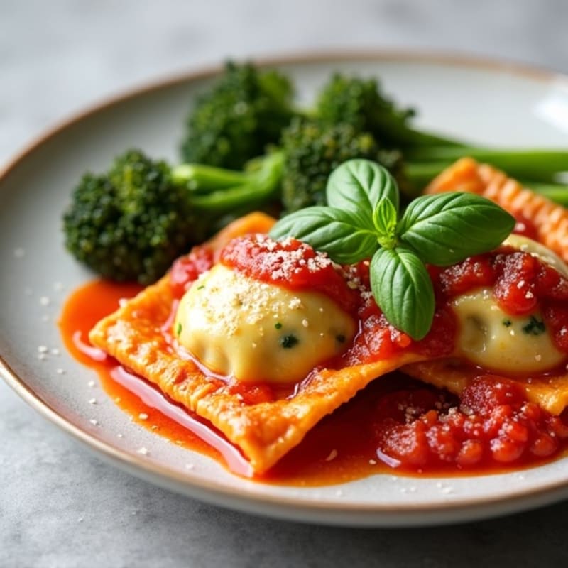 Hearty Spinach Ravioli with Fresh Marinara and Roasted Broccolini
