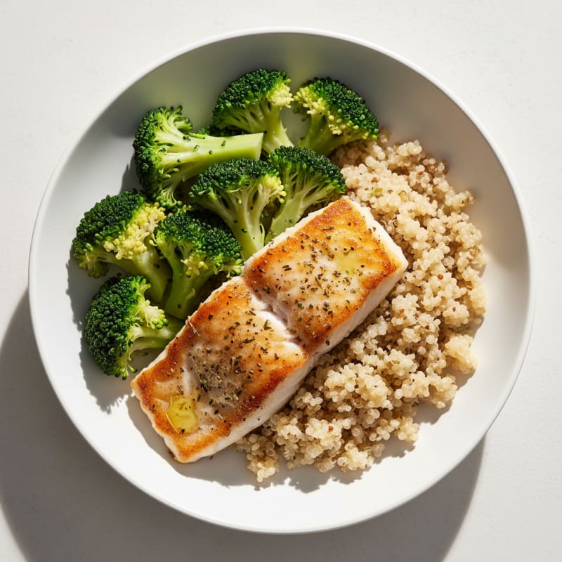 Seared Cod with Steamed Broccoli and Quinoa