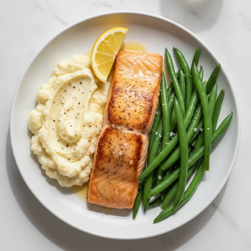Seared Salmon with Steamed Green Beans and Mashed Cauliflower