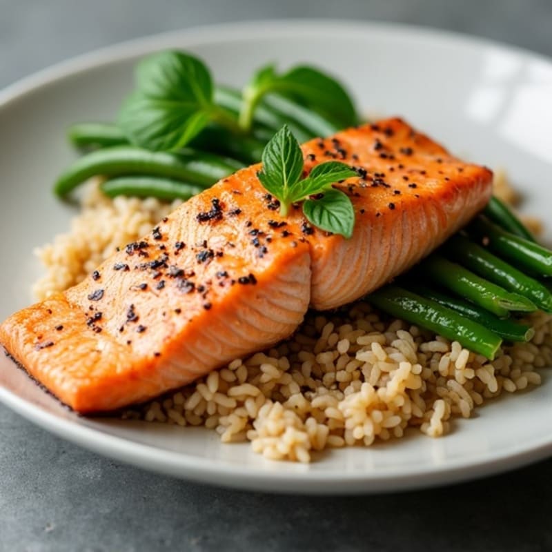 Seared Salmon with Garlic Green Beans and Brown Rice