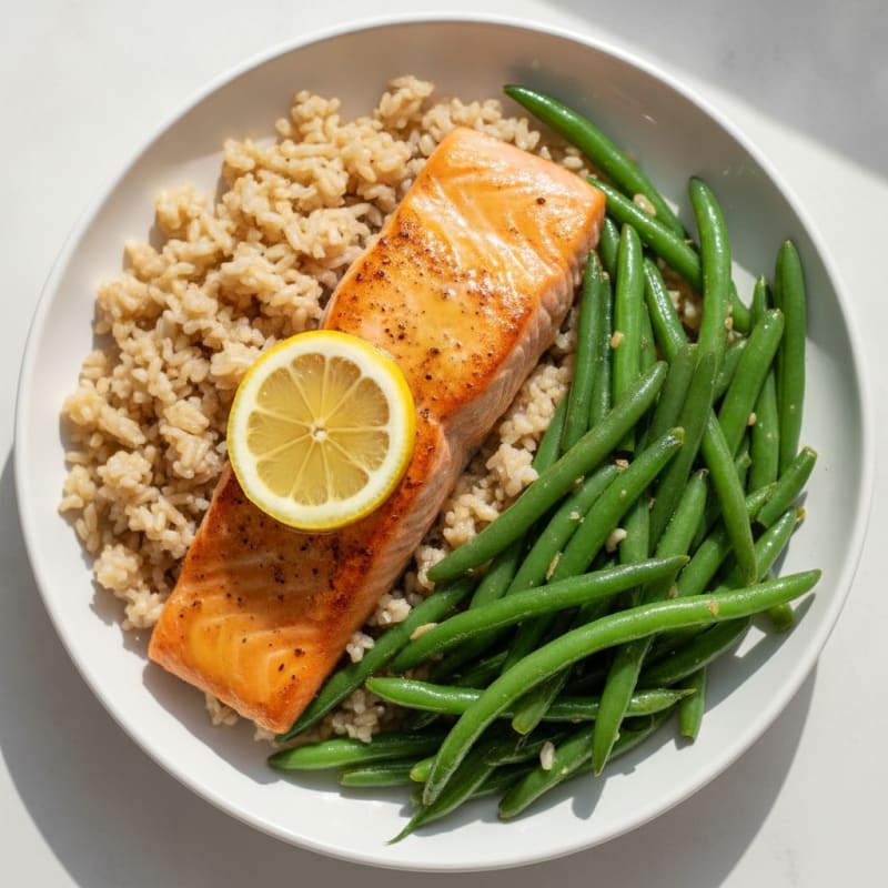 Seared Salmon with Garlic Green Beans and Brown Rice