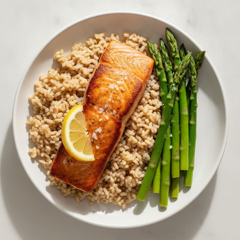 Seared Salmon with Steamed Asparagus and Brown Rice