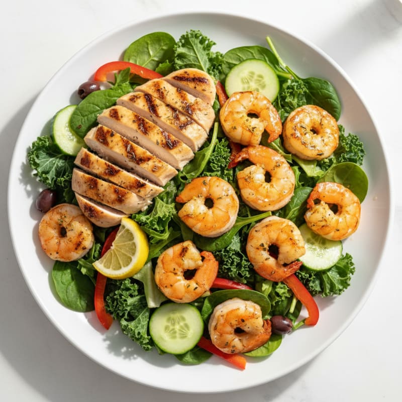 Grilled Shrimp and Chicken Breast Salad with Crunchy Vegetables