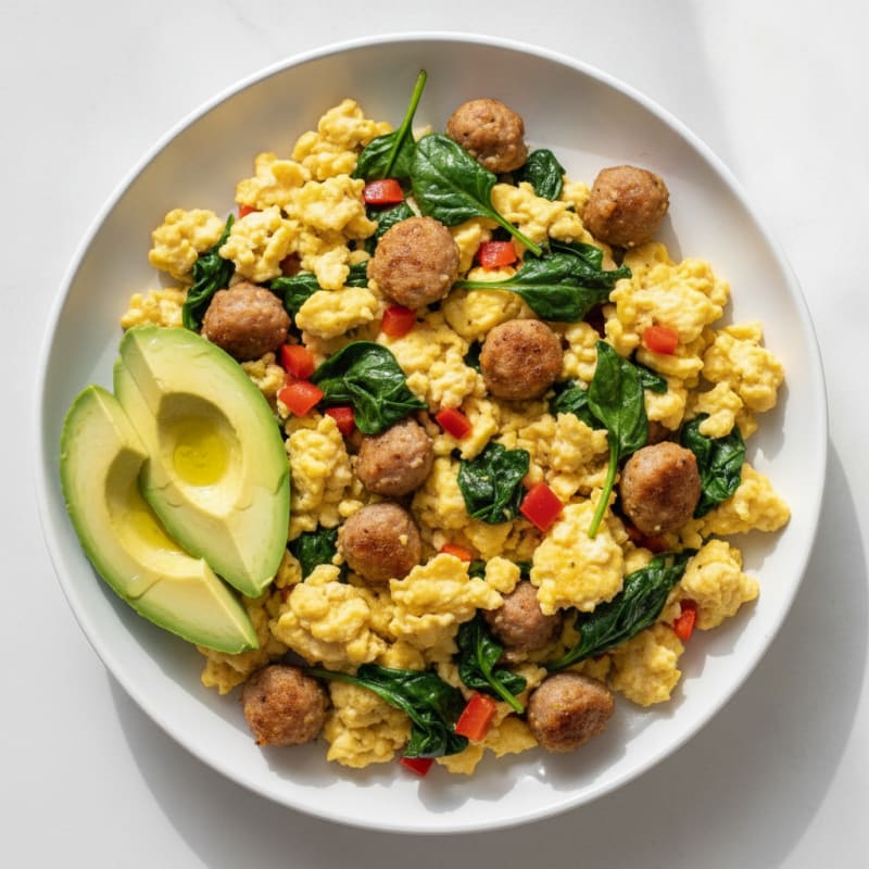 Scrambled Eggs with Spinach and Turkey Sausage