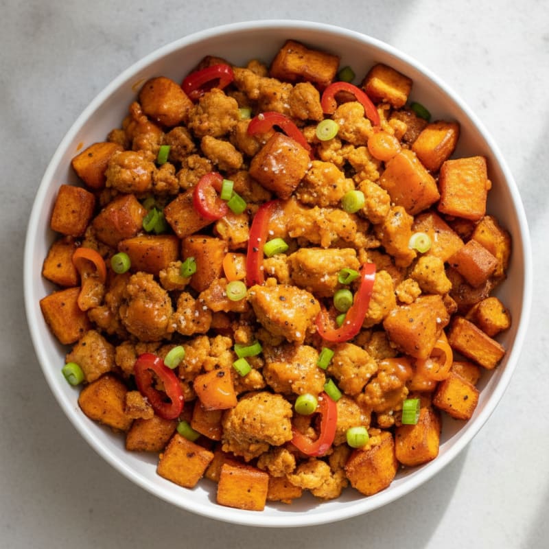 Spicy Tangy Ground Chicken Sweet Potato Bowl