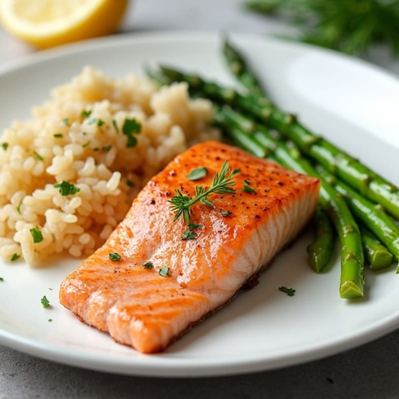 Seared Salmon Fillet with Steamed Asparagus and Brown Rice