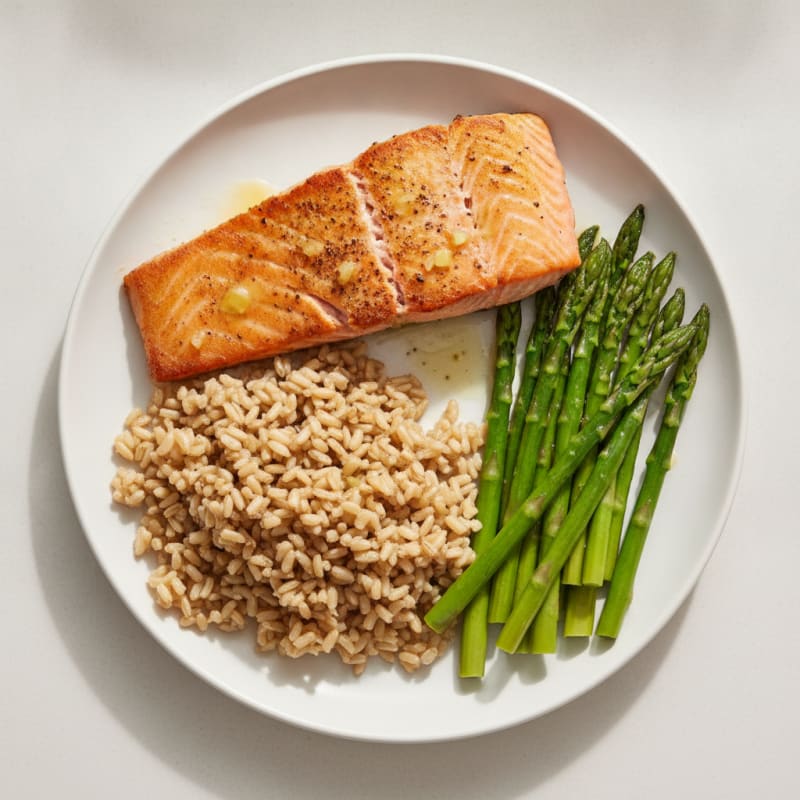 Seared Salmon with Steamed Asparagus and Brown Rice